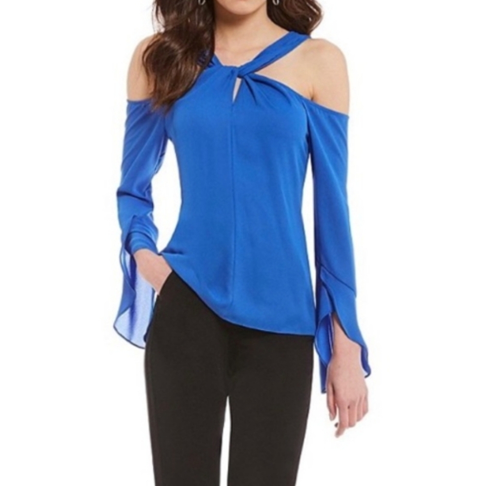 Halston Blue Cold Shoulder Blouse Womens Size XL Long Sleeve Twist Halter Top